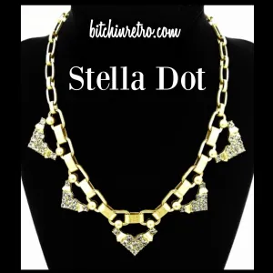 Stella Dot Necklace Grey Rhinestone Accents Brushed Gold Tone Chunky Links