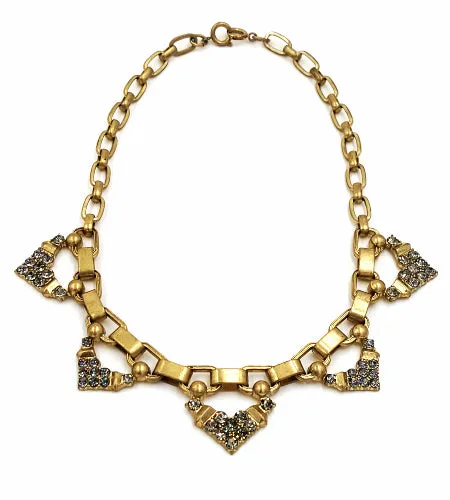 Stella Dot Necklace Grey Rhinestone Accents Brushed Gold Tone Chunky Links