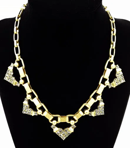 Stella Dot Necklace Grey Rhinestone Accents Brushed Gold Tone Chunky Links