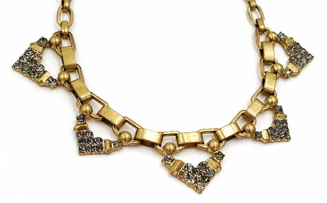 Stella Dot Necklace Grey Rhinestone Accents Brushed Gold Tone Chunky Links