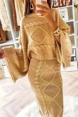 Textured Knitted Flare Sleeve Sweater & Skirt Set