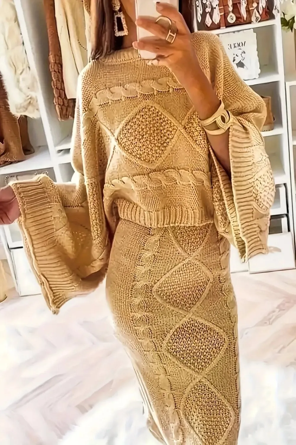 Textured Knitted Flare Sleeve Sweater & Skirt Set