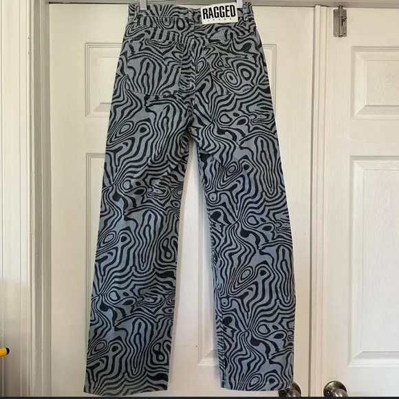 The Ragged Priest Blue Black Marble 100% Cotton High Waisted Trippy Jean NWT 30