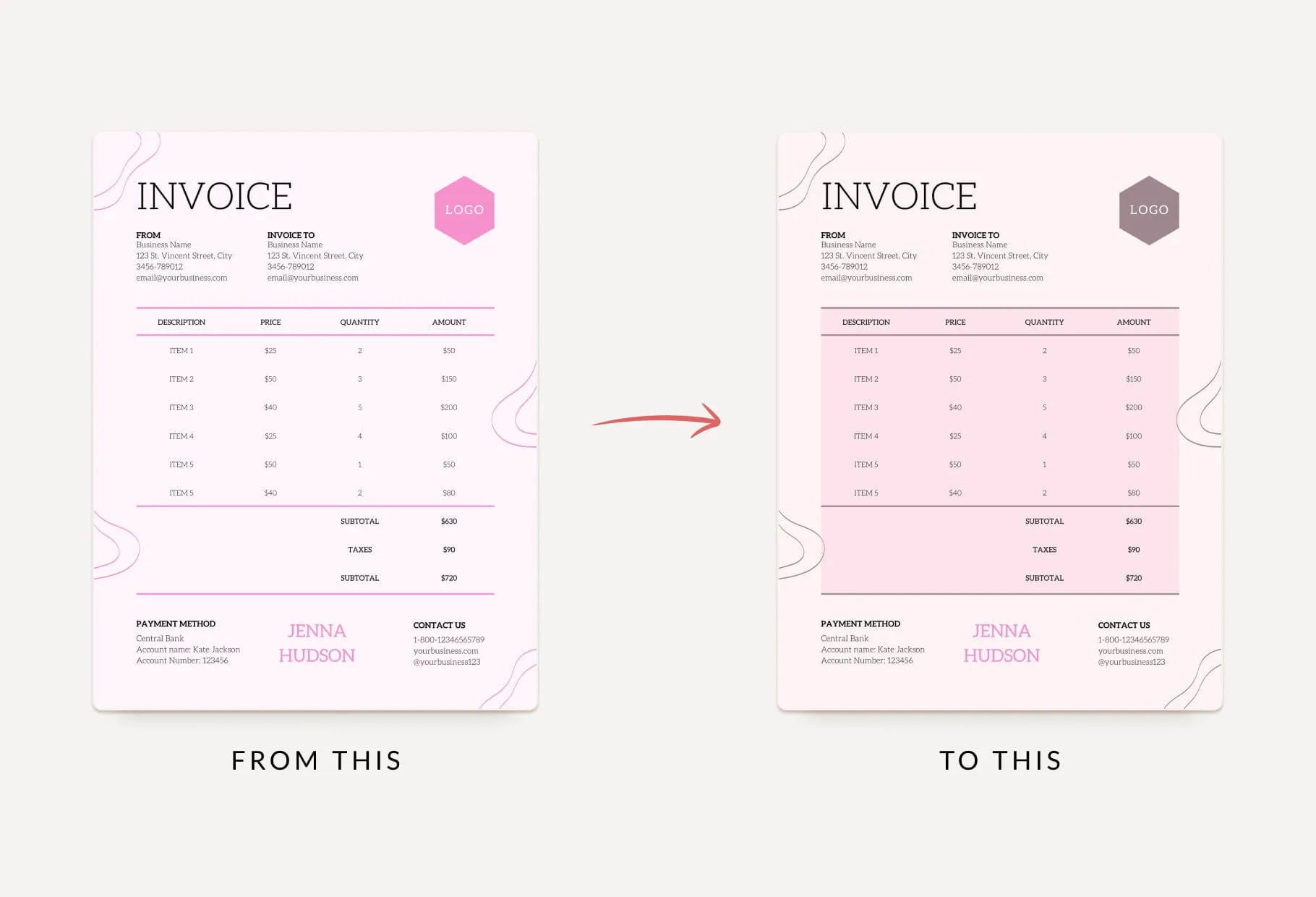 Thistle Pink Invoice Canva Template Printable and Editable