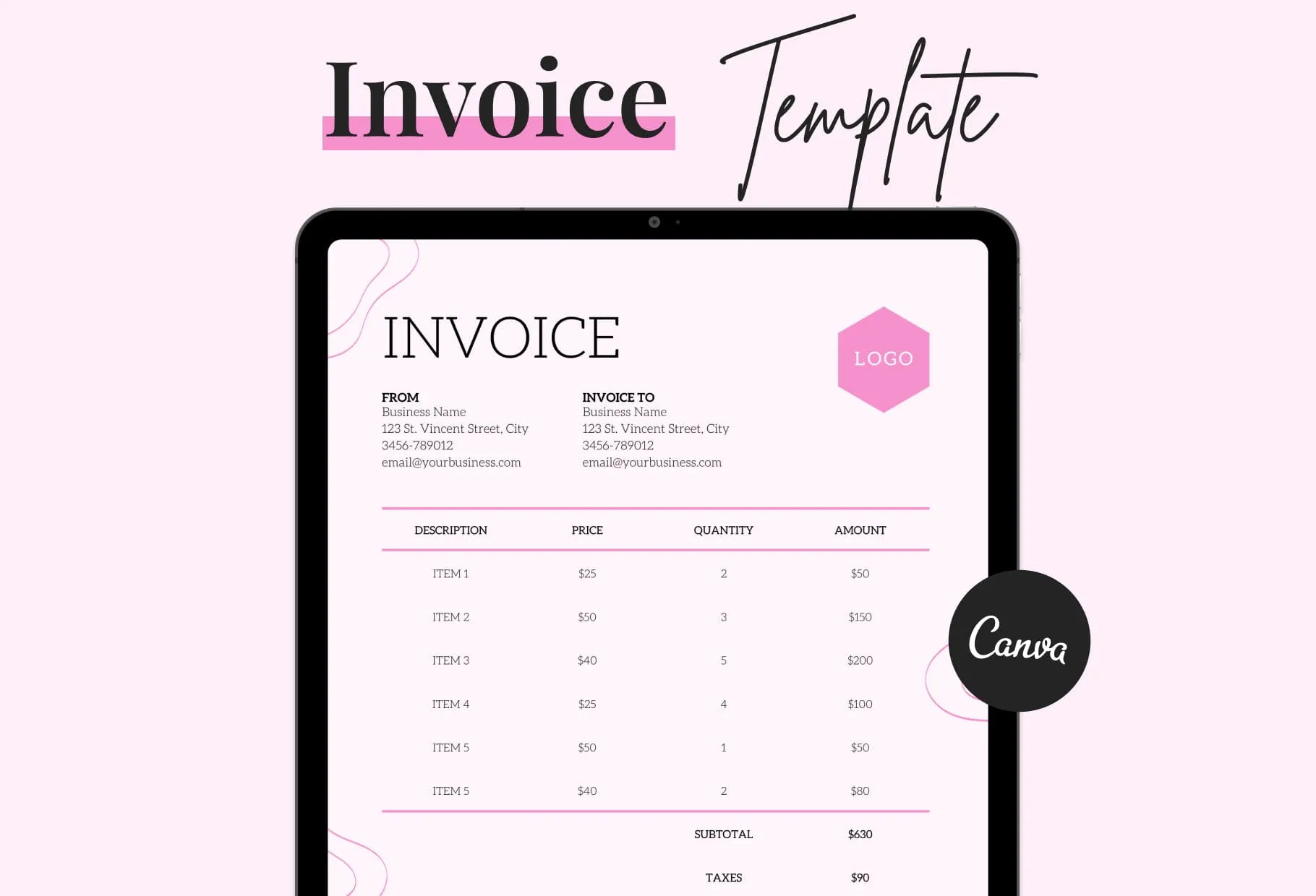 Thistle Pink Invoice Canva Template Printable and Editable