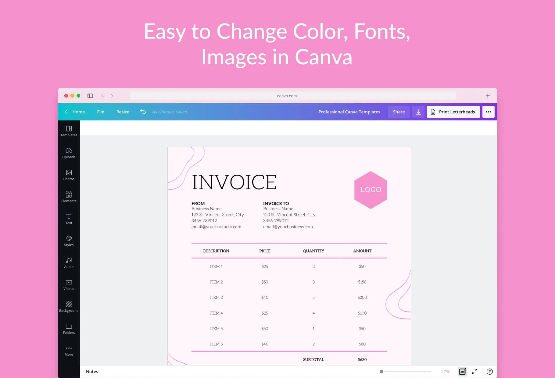 Thistle Pink Invoice Canva Template Printable and Editable