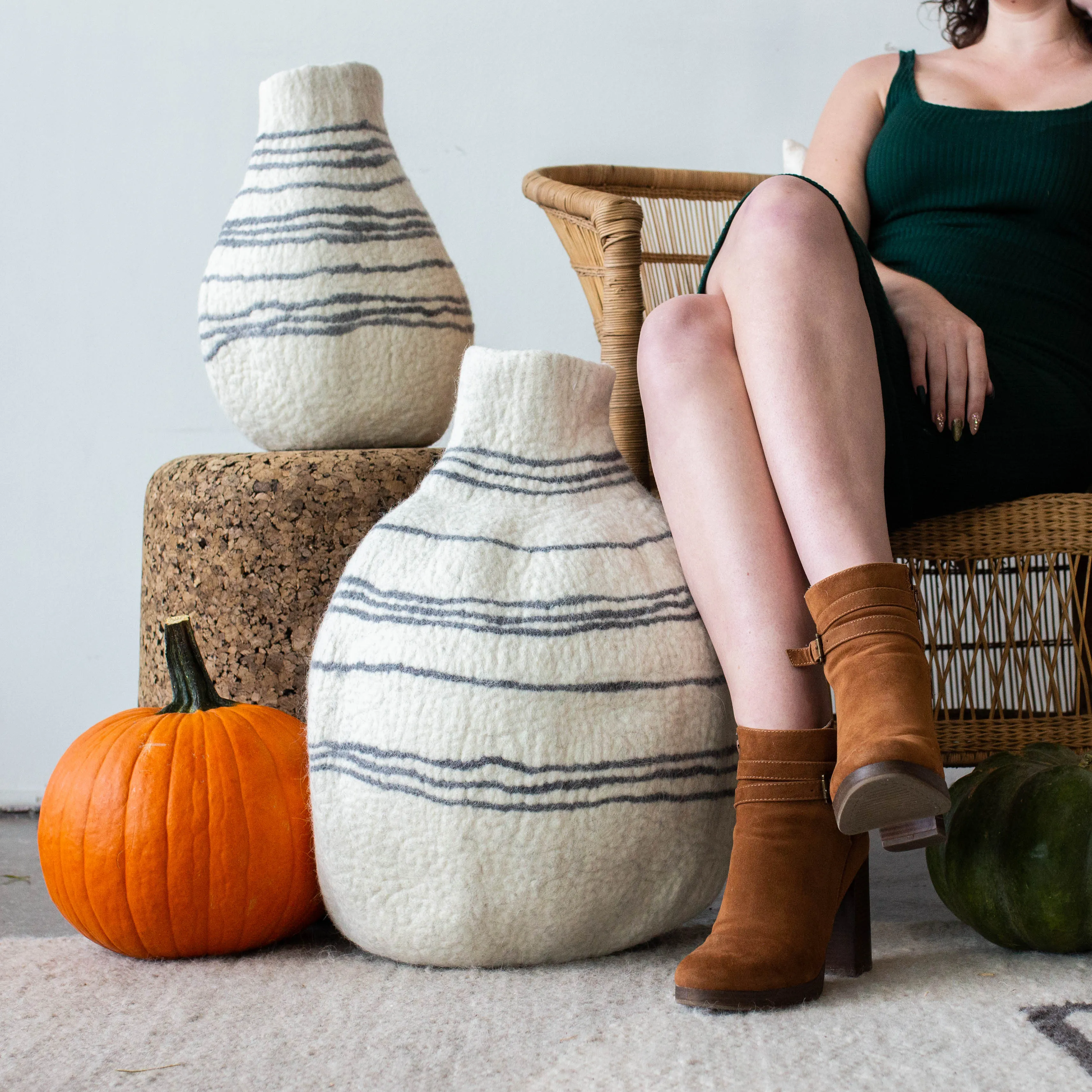 Tribal Lines Hand-Felted Wool Natural White Gourd Basket