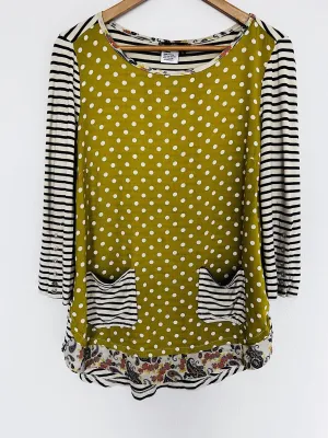 TRU LUX JEANS Mixed Print Tunic Sz S Striped Polka Dot Pockets Ruffle Top