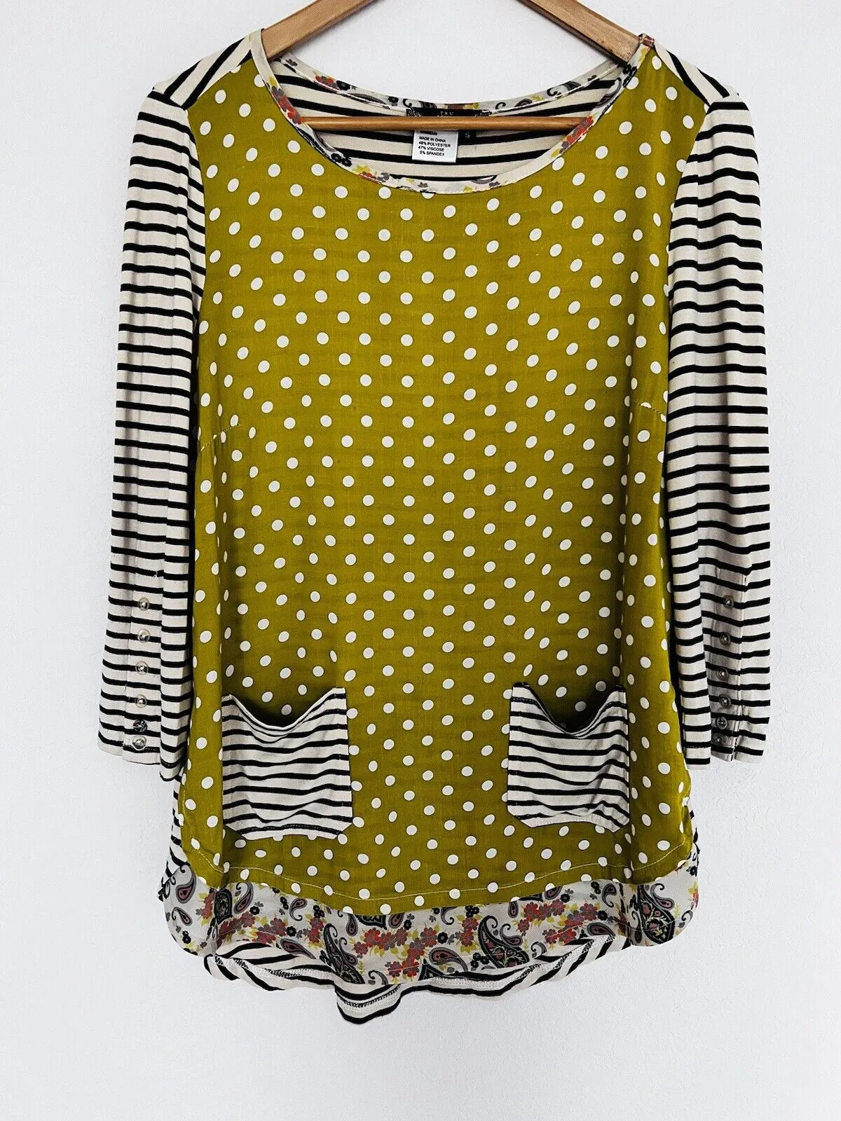 TRU LUX JEANS Mixed Print Tunic Sz S Striped Polka Dot Pockets Ruffle Top