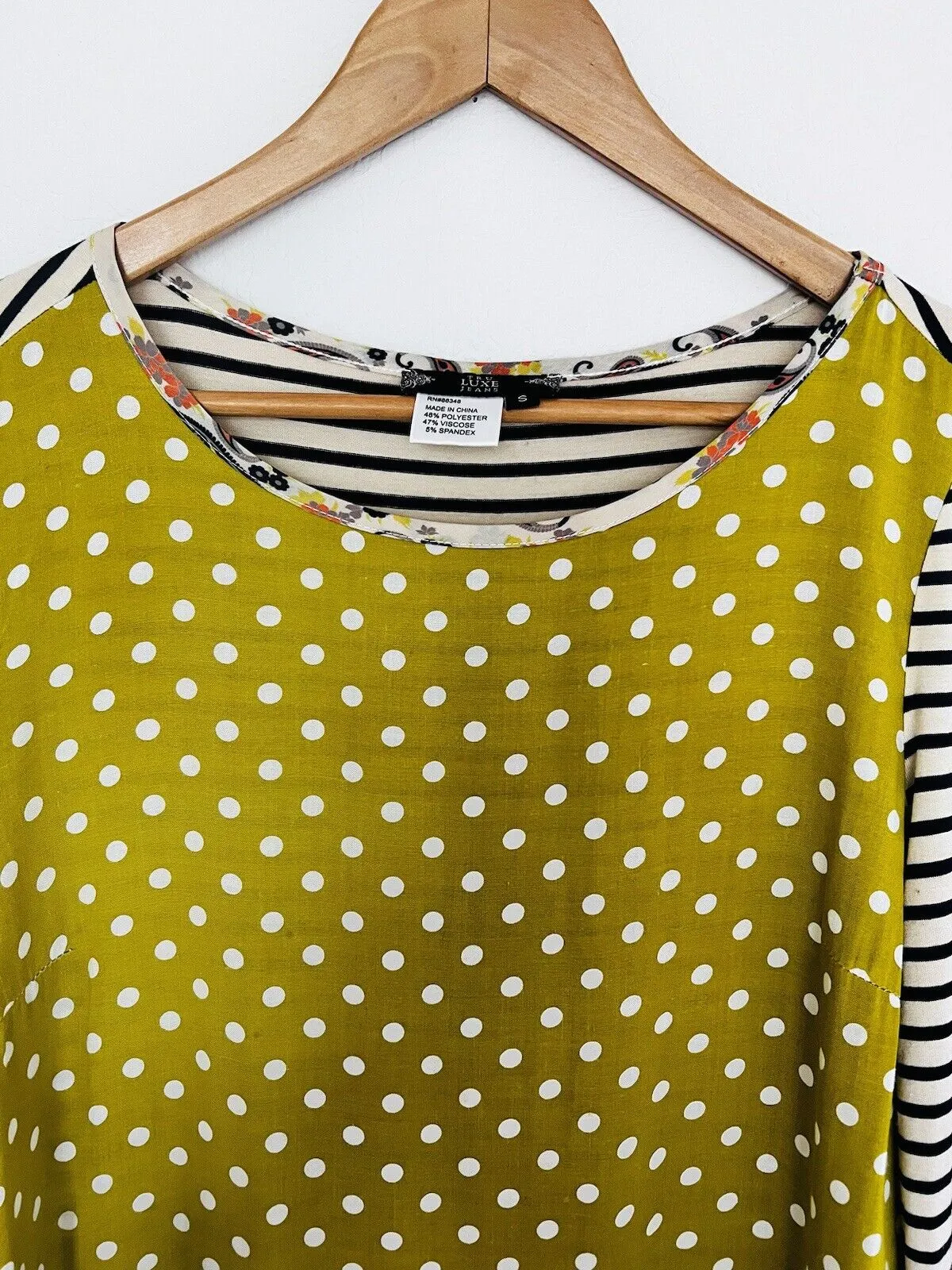 TRU LUX JEANS Mixed Print Tunic Sz S Striped Polka Dot Pockets Ruffle Top