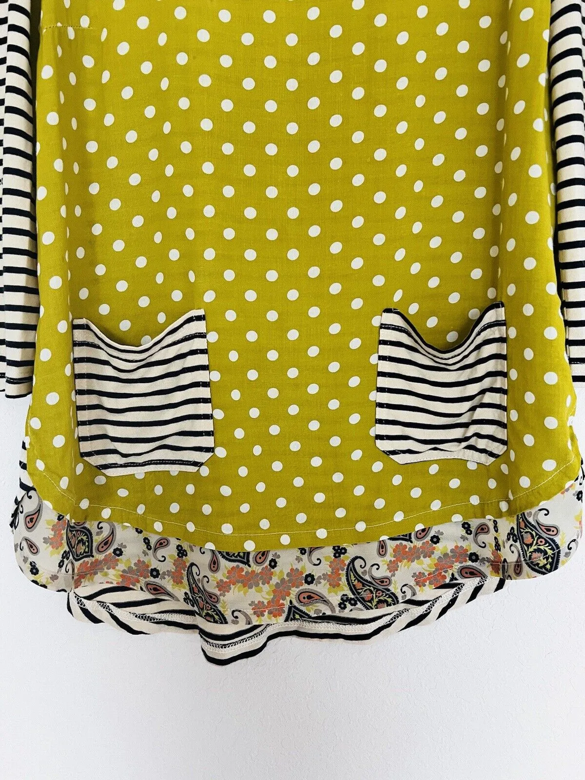 TRU LUX JEANS Mixed Print Tunic Sz S Striped Polka Dot Pockets Ruffle Top