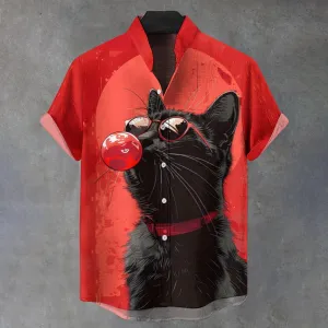 Vintage Fun Black Cat Art Print Casual Shirt 2412003109