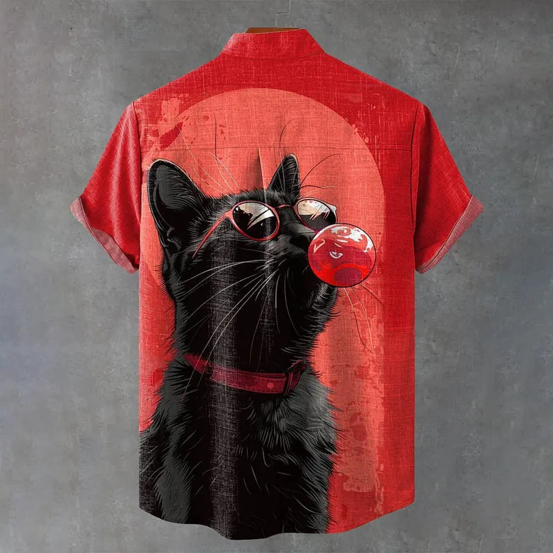 Vintage Fun Black Cat Art Print Casual Shirt 2412003109