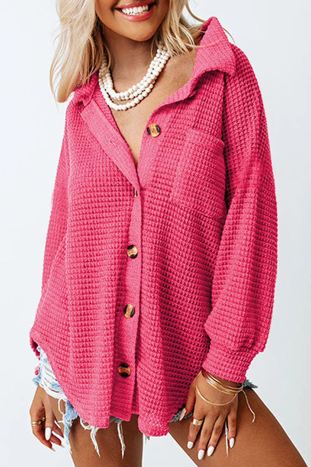 Waffle Knit Button Up Casual Shirt
