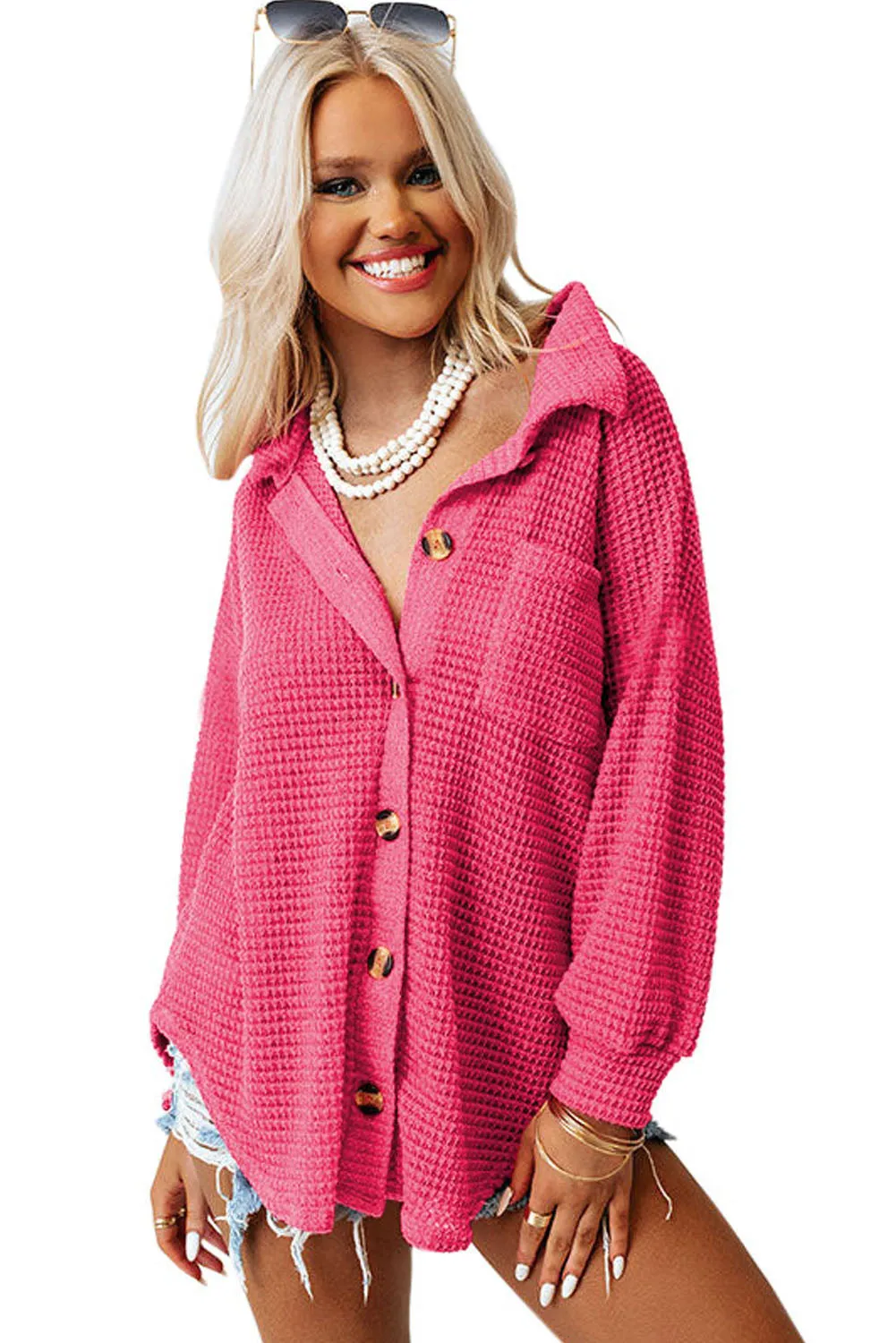 Waffle Knit Button Up Casual Shirt