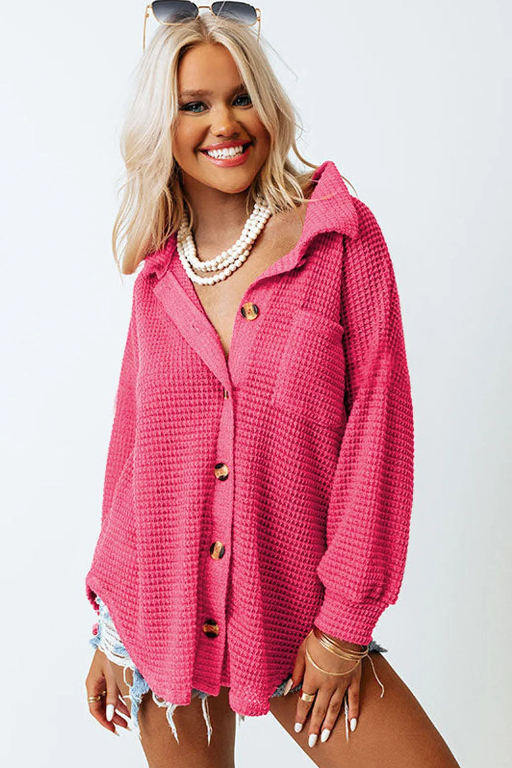Waffle Knit Button Up Casual Shirt