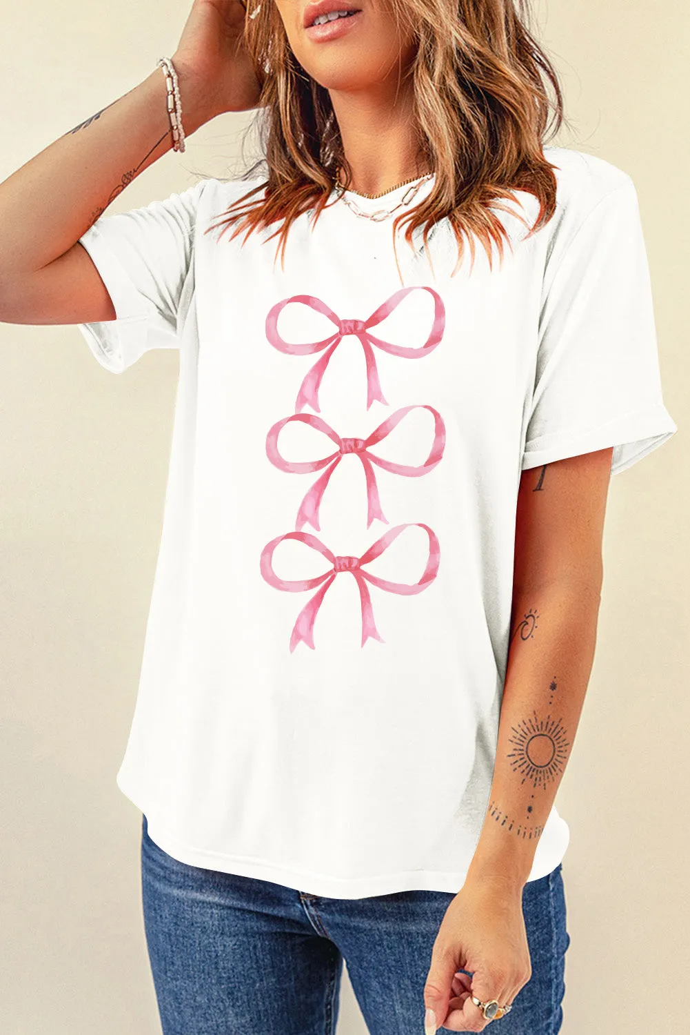White Bow Ties Print Slim Fit O Neck Casual T Shirt