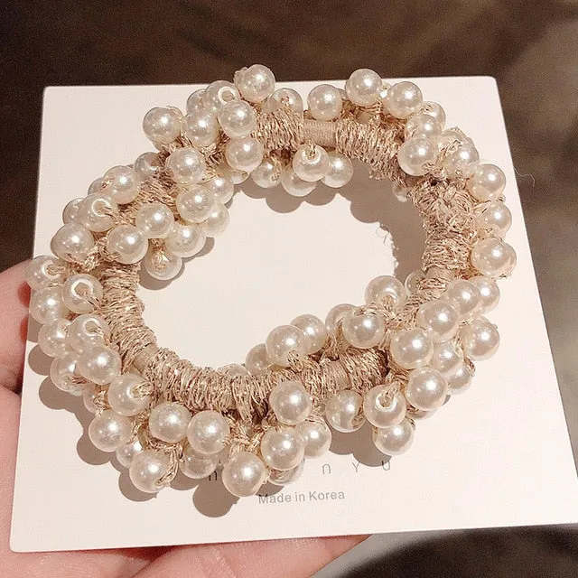 Woman Pearl Hair Ties Beads Girls Rubber Bands Ponytail Holders