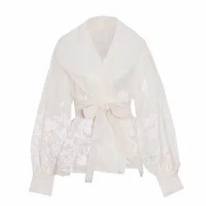 Women French Court Style Printed Shirt Lace Up Blouse