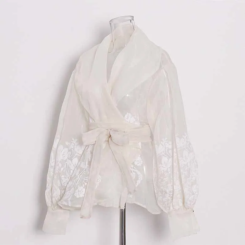 Women French Court Style Printed Shirt Lace Up Blouse