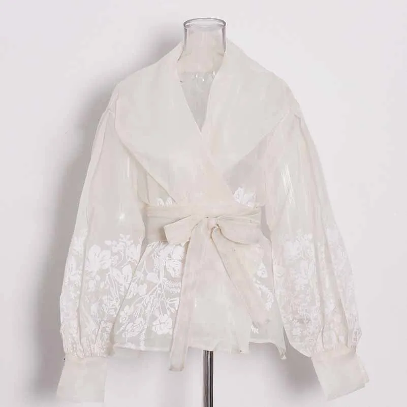 Women French Court Style Printed Shirt Lace Up Blouse