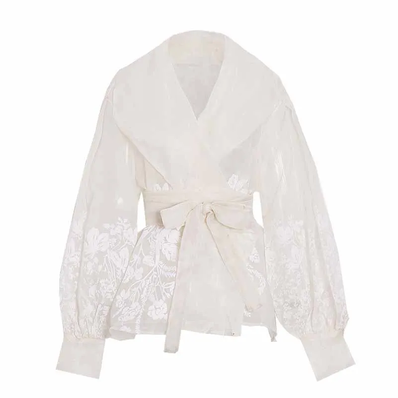 Women French Court Style Printed Shirt Lace Up Blouse
