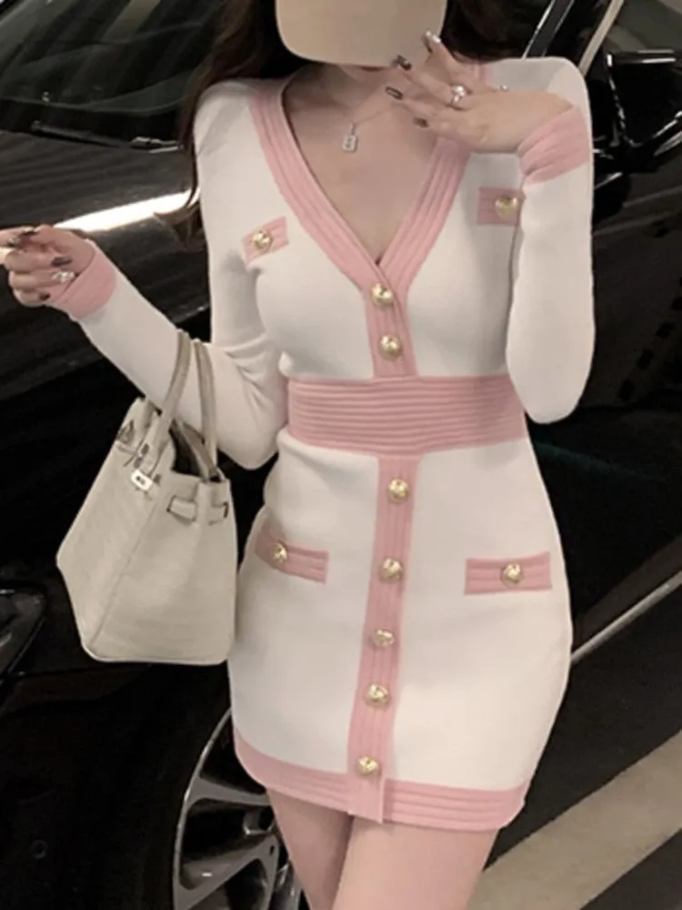 Women's Dresses V-Neck Long Sleeve Button Knit Slim Dress