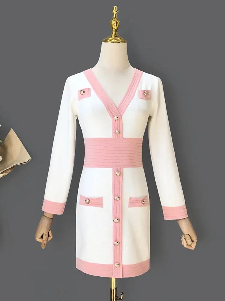 Women's Dresses V-Neck Long Sleeve Button Knit Slim Dress