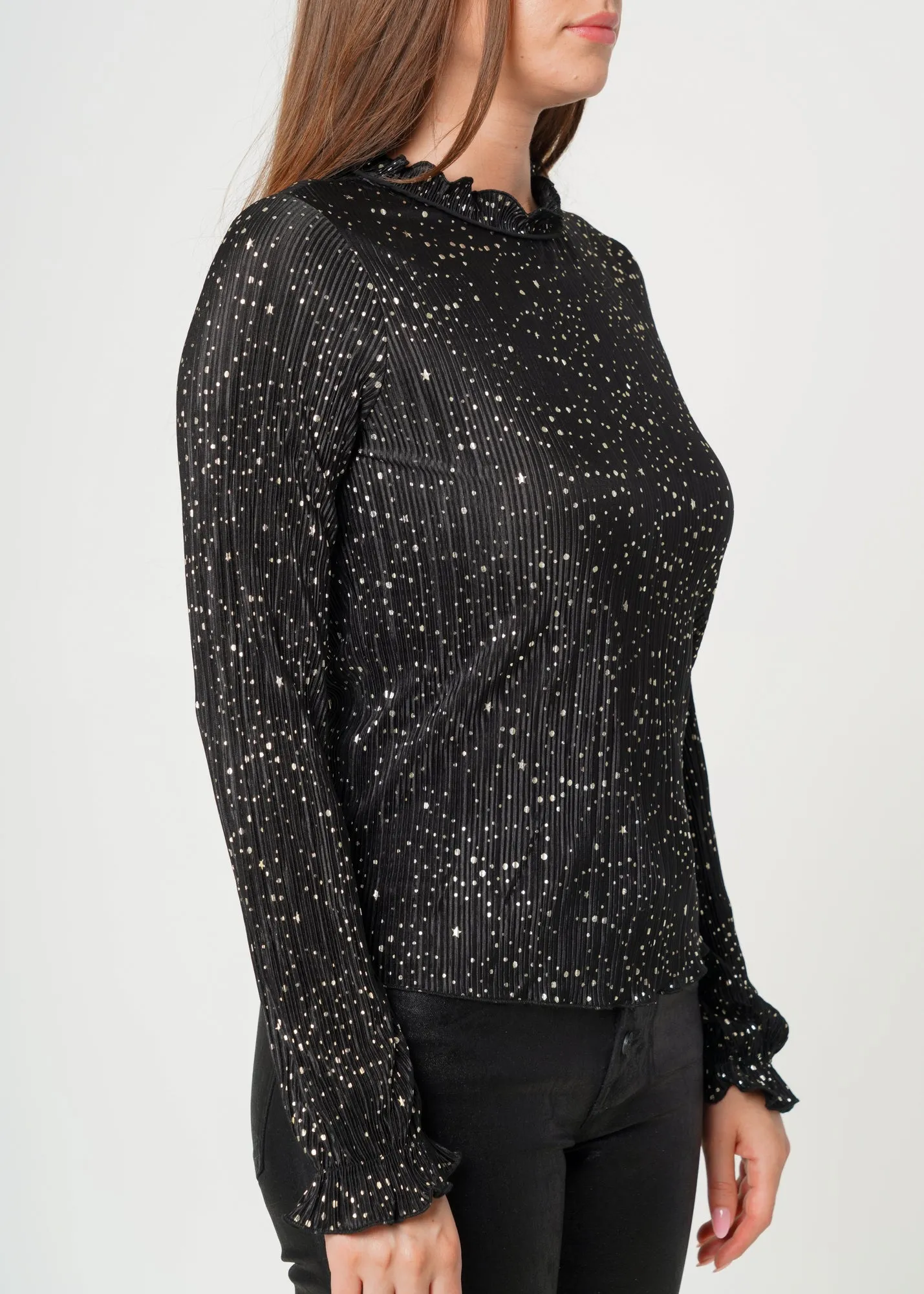 Women's Long Sleeve Mock Neck Lettuce Edge Top In Black Gold