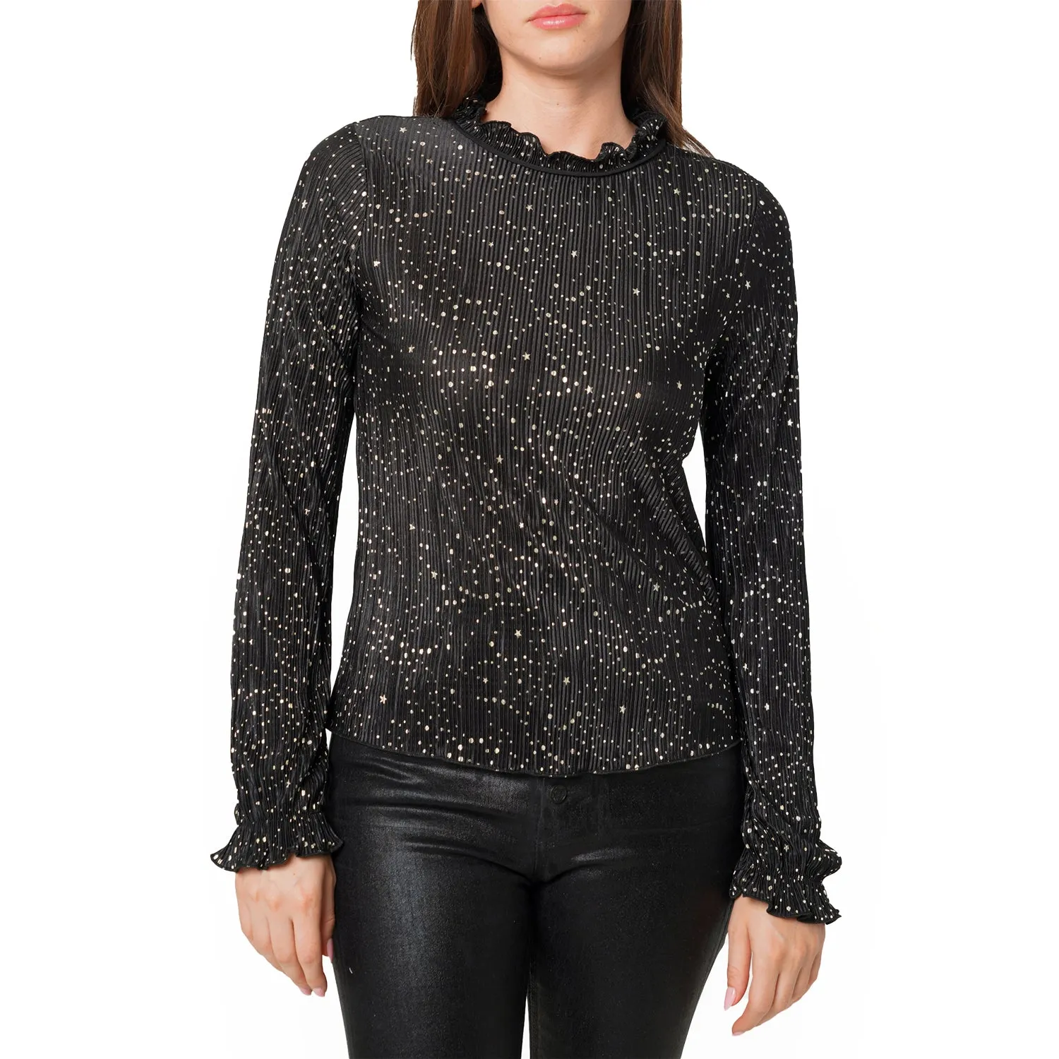Women's Long Sleeve Mock Neck Lettuce Edge Top In Black Gold