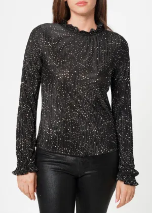 Women's Long Sleeve Mock Neck Lettuce Edge Top In Black Gold