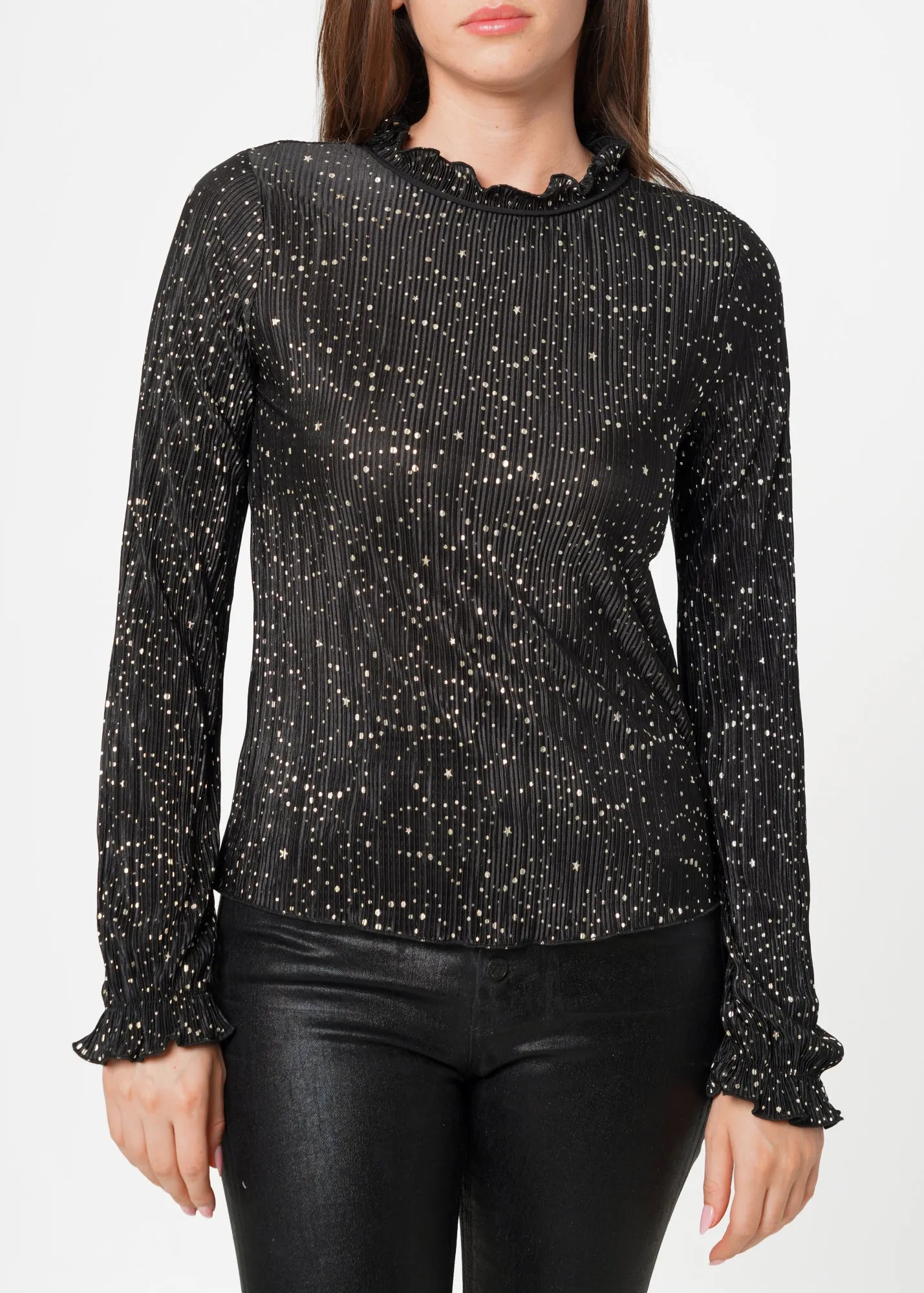 Women's Long Sleeve Mock Neck Lettuce Edge Top In Black Gold