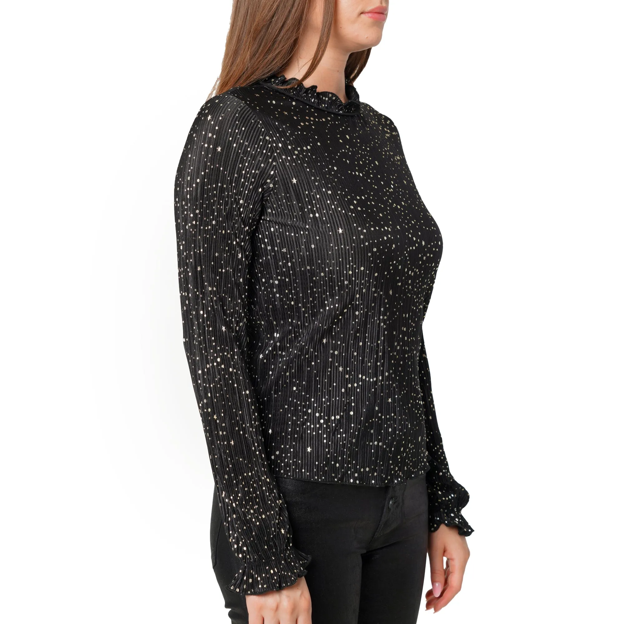Women's Long Sleeve Mock Neck Lettuce Edge Top In Black Gold