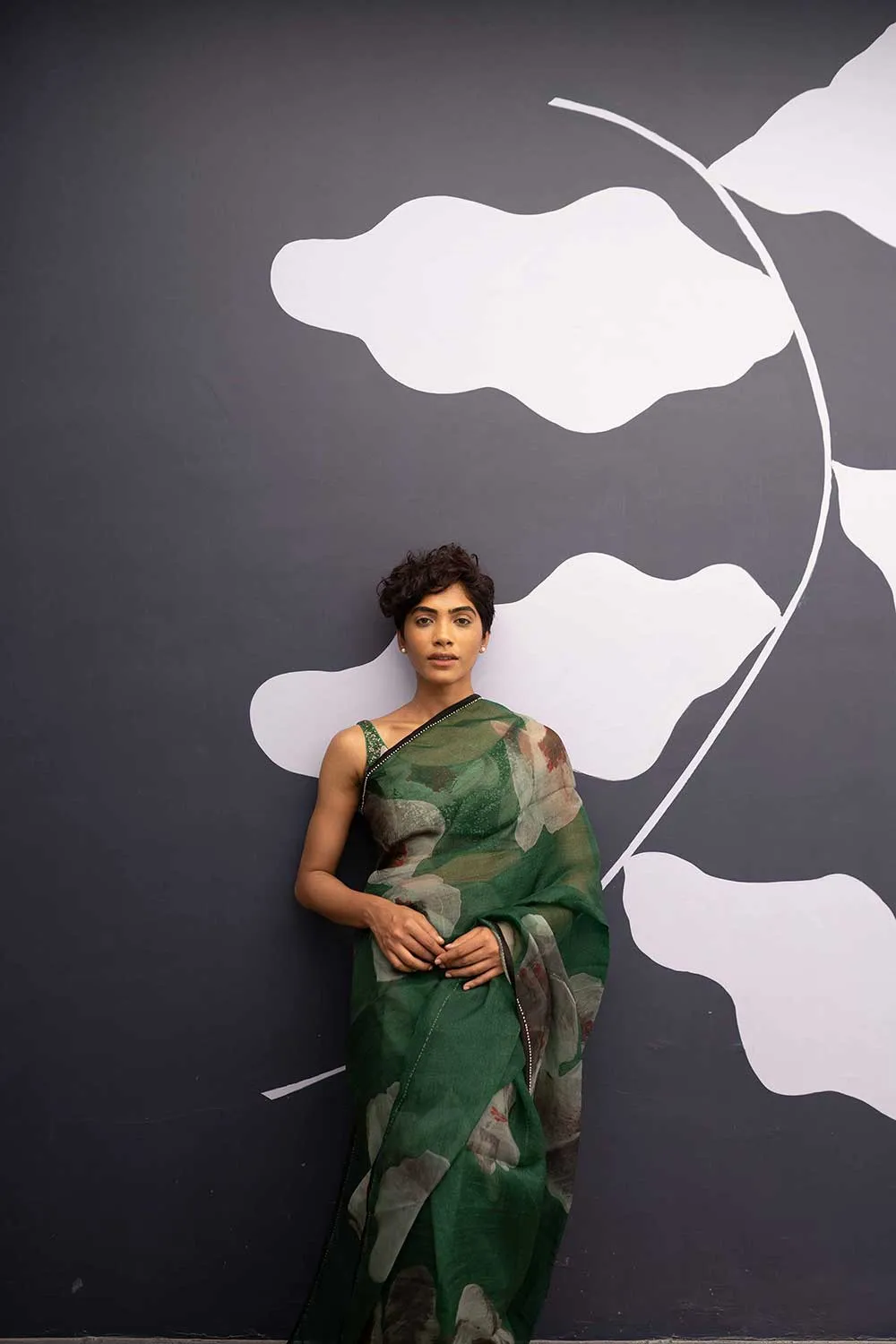 YAM   I   Alicante WHITE POPPIES SAREE 1  (SAREE)  [BLOUSE STITCHED/ UNSTITCHED NOT INCLUDED] SILK ORGANZA GREEN YAMSR16