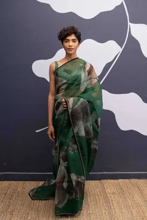 YAM   I   Alicante WHITE POPPIES SAREE 1  (SAREE)  [BLOUSE STITCHED/ UNSTITCHED NOT INCLUDED] SILK ORGANZA GREEN YAMSR16