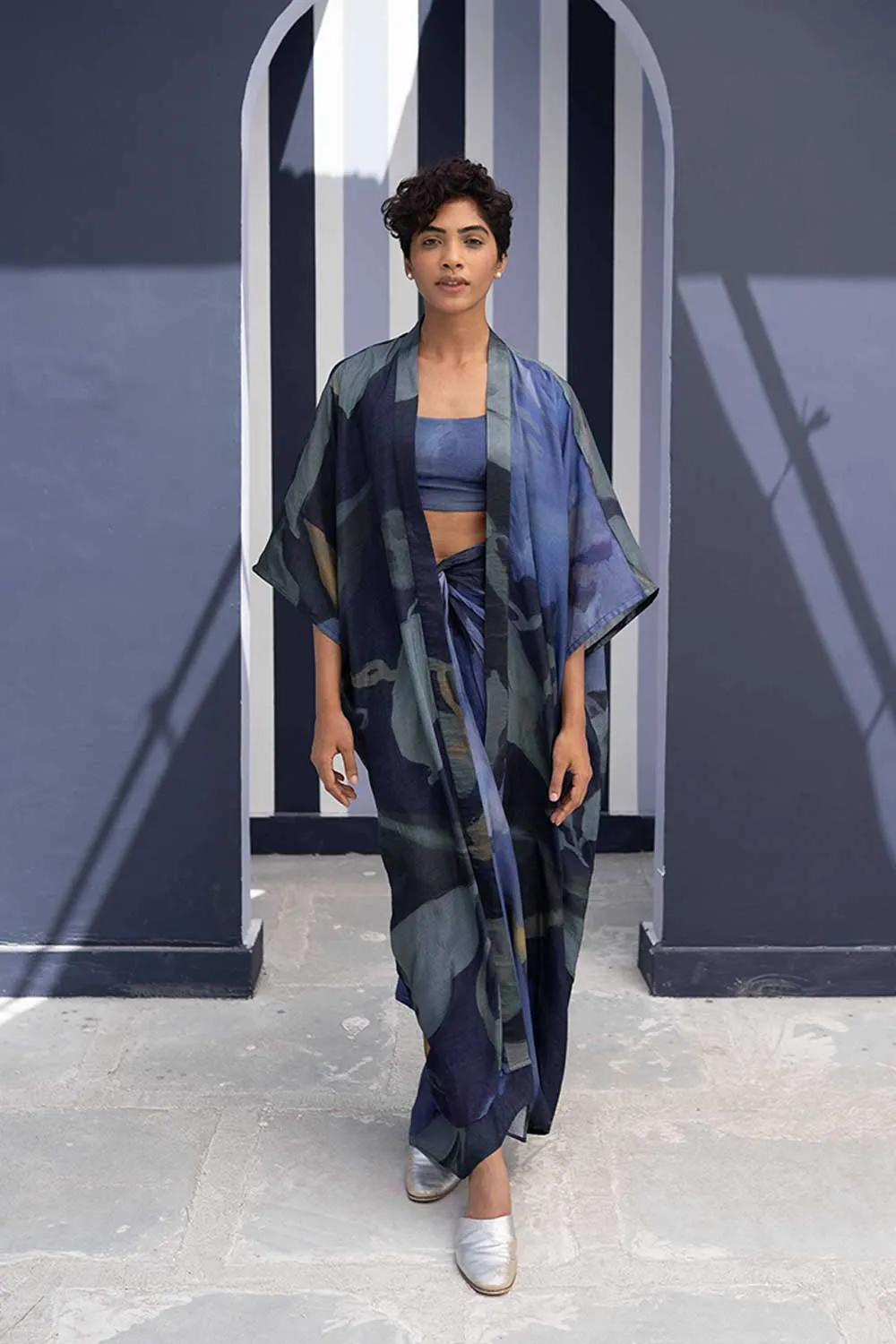 YAM   I   Elche BABKA SKIRT SET WITH SHRUG 3  (BLOUSE, SKIRT & SHRUG) SILK BLUE YAMBILLIE25
