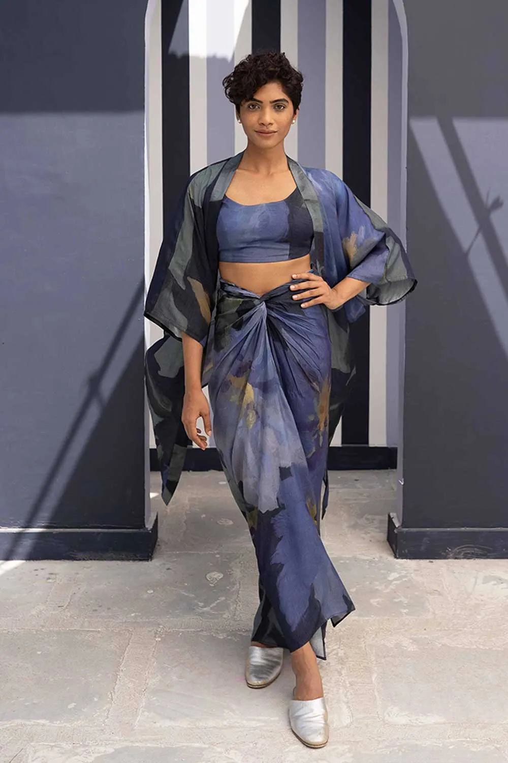 YAM   I   Elche BABKA SKIRT SET WITH SHRUG 3  (BLOUSE, SKIRT & SHRUG) SILK BLUE YAMBILLIE25