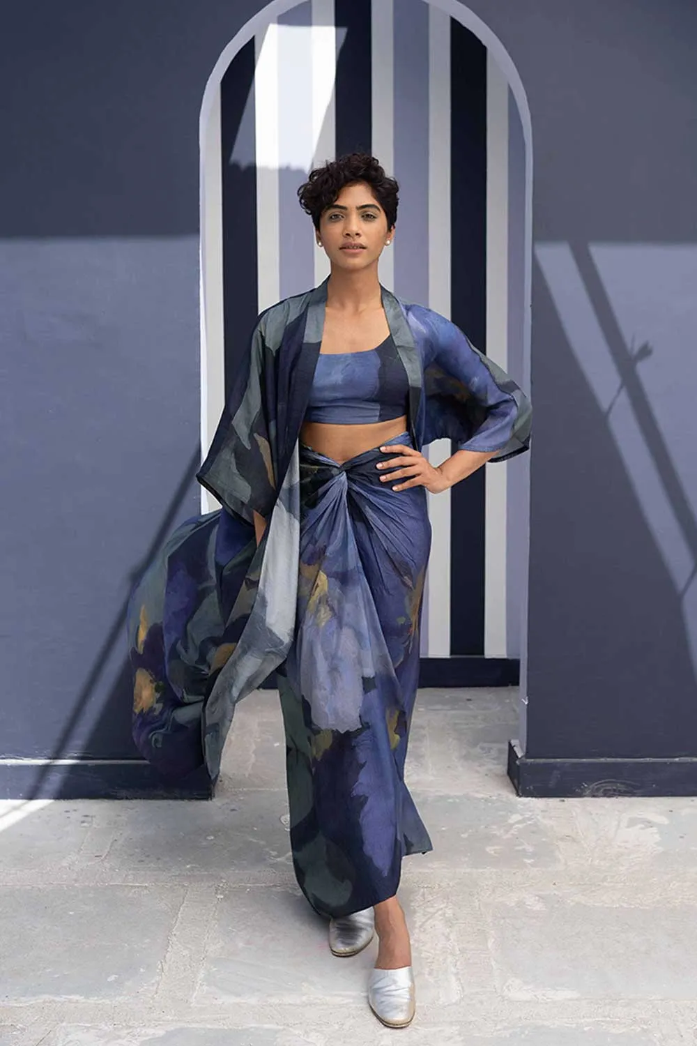 YAM   I   Elche BABKA SKIRT SET WITH SHRUG 3  (BLOUSE, SKIRT & SHRUG) SILK BLUE YAMBILLIE25