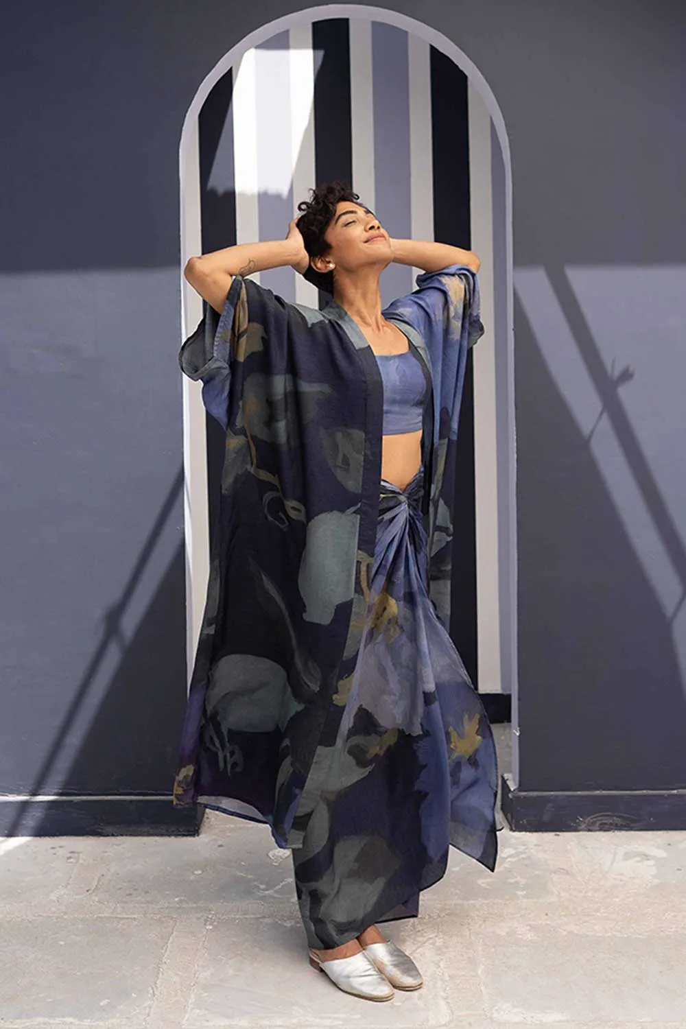 YAM   I   Elche BABKA SKIRT SET WITH SHRUG 3  (BLOUSE, SKIRT & SHRUG) SILK BLUE YAMBILLIE25