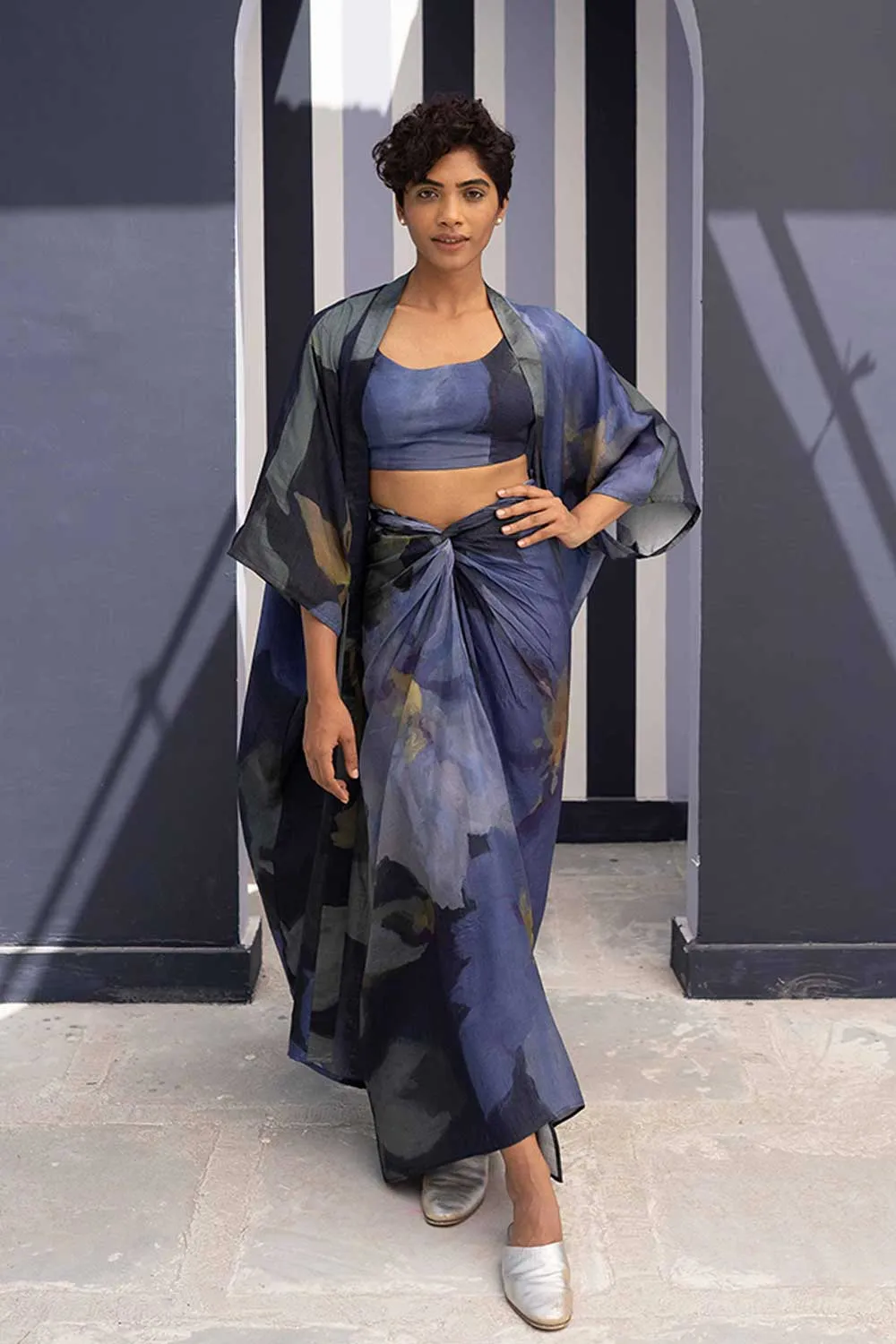 YAM   I   Elche BABKA SKIRT SET WITH SHRUG 3  (BLOUSE, SKIRT & SHRUG) SILK BLUE YAMBILLIE25