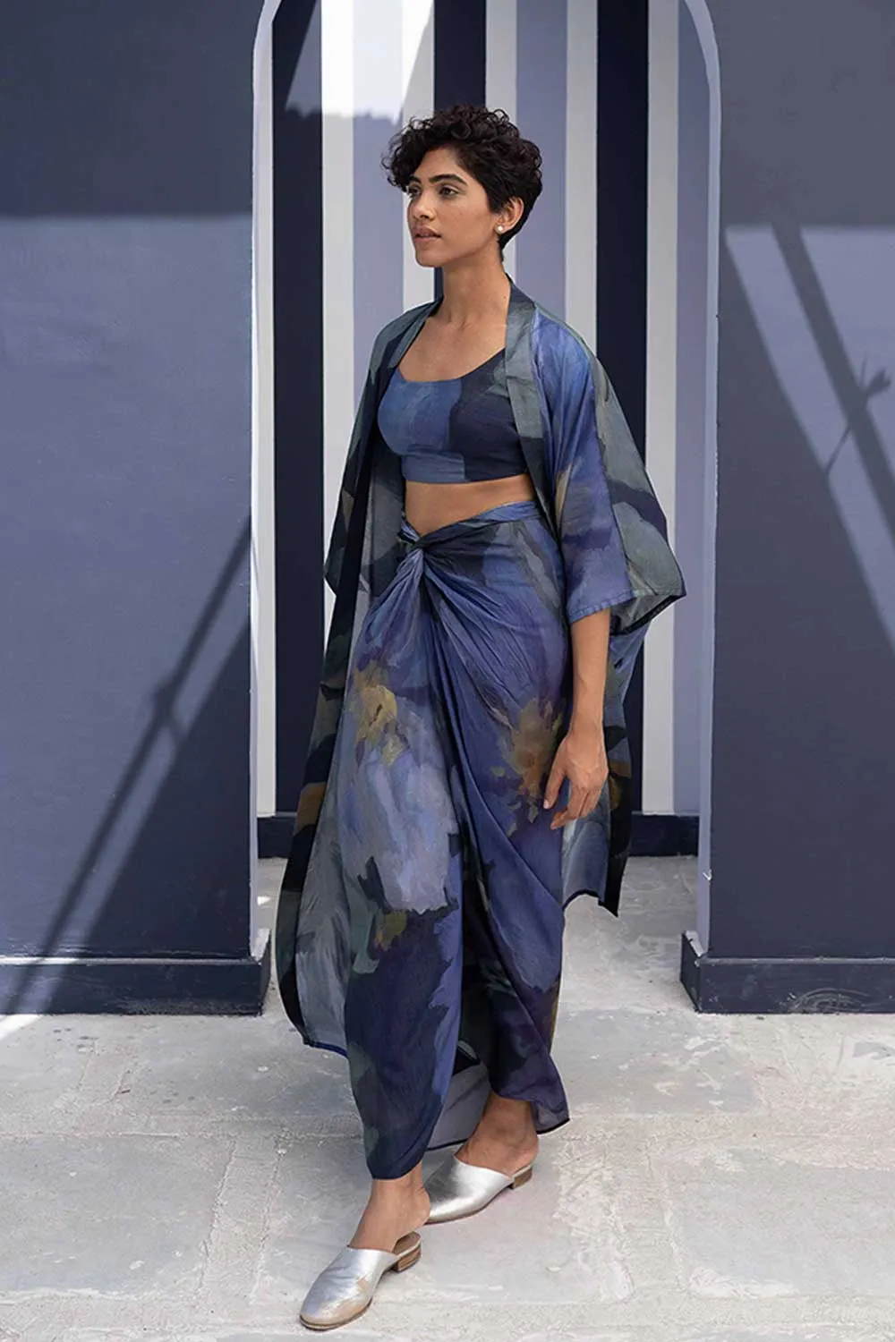 YAM   I   Elche BABKA SKIRT SET WITH SHRUG 3  (BLOUSE, SKIRT & SHRUG) SILK BLUE YAMBILLIE25