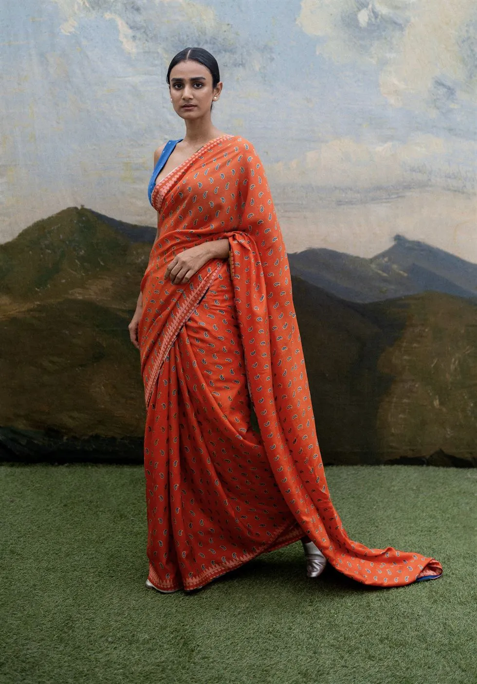 Yam   I   Scarlino Orange Paisley Saree SAREE Blouse Not Included SILK ORANGE An Indian Summer YAMSR07