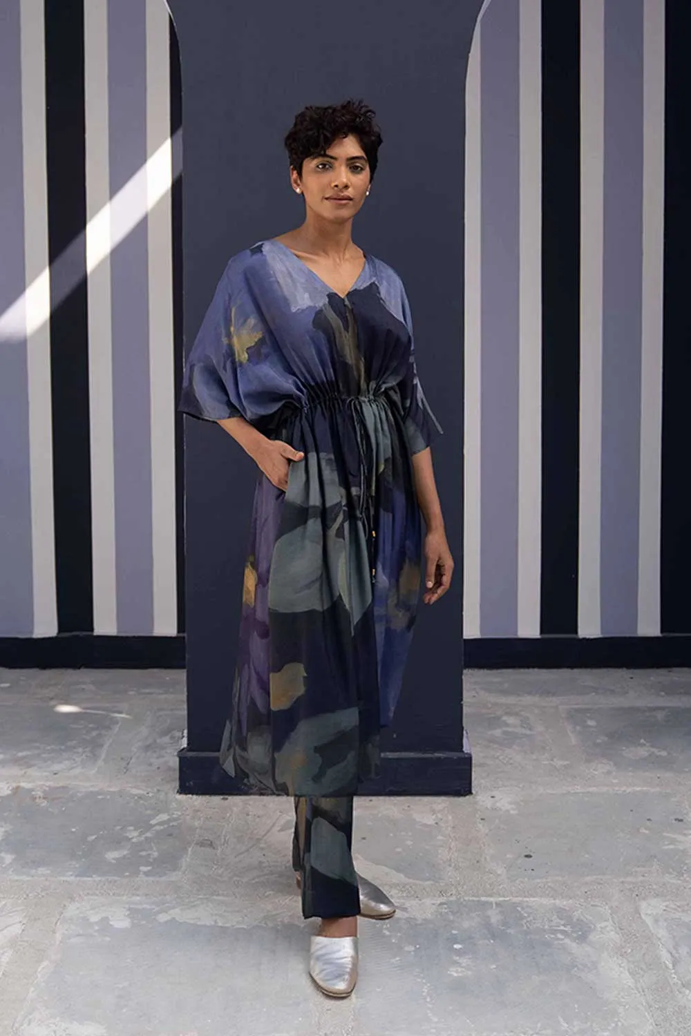 YAM   I   Terrassa BABKA KAFTAN SET 2  (KAFTAN & PANTS) SILK BLUE YAMBILLIE27
