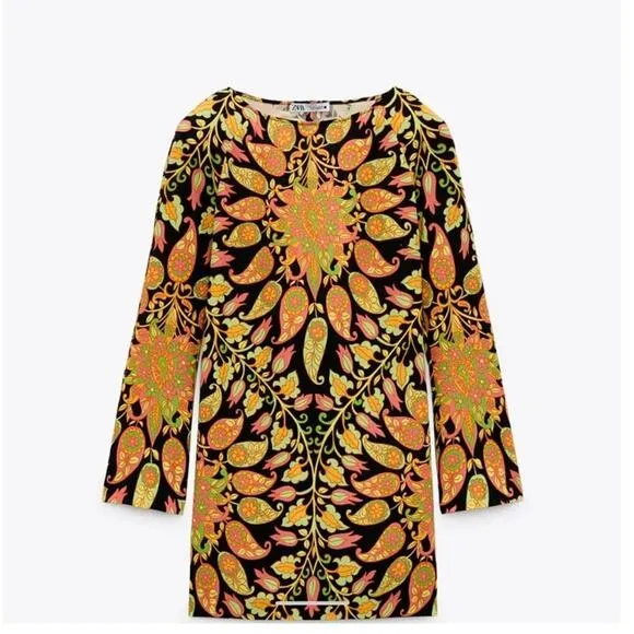 Zara 70’s Style Bloggers Favorite Printed Mini Dress Size XS NWT