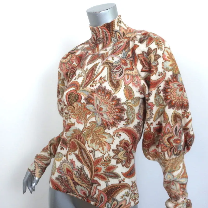 Zimmermann Blouson Sleeve Turtleneck Sweater Lucky Cream Paisley Print Size 1